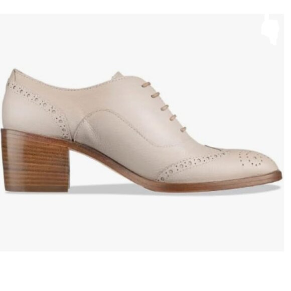 FOWT Beige Perforated Lace-Up Oxfords Almond Toe Mid Chunky Heel Brogues Shoes - Picture 1 of 8